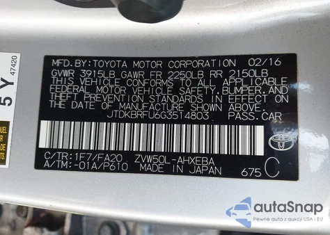 2016 Toyota Prius Two z USA, uszkodzony, nr VIN JTDKBRFU6G3514803